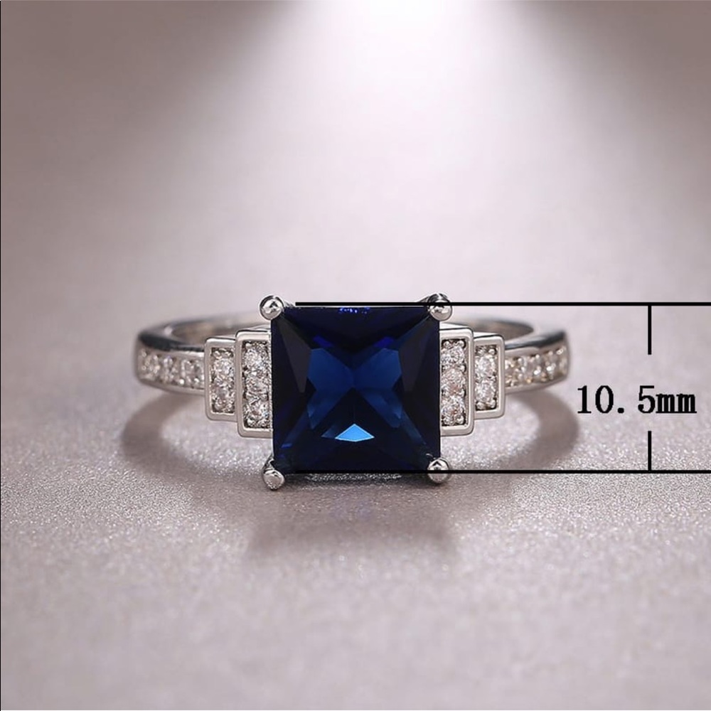 925 Sterling Silver Square Cut Royal Blue CZ  Ring - Picture 5 of 11
